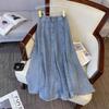 Women's Retro Distressed High-Waisted A-Line Washed Midi Denim Skirt Long Jean Skirts Pleated Flowy Swing A-line Denim Skirts for Women