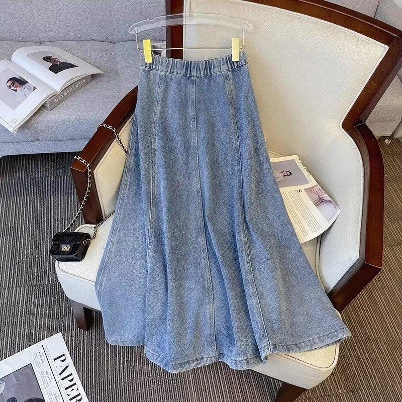 Women's Retro Distressed High-Waisted A-Line Washed Midi Denim Skirt Long Jean Skirts Pleated Flowy Swing A-line Denim Skirts for Women