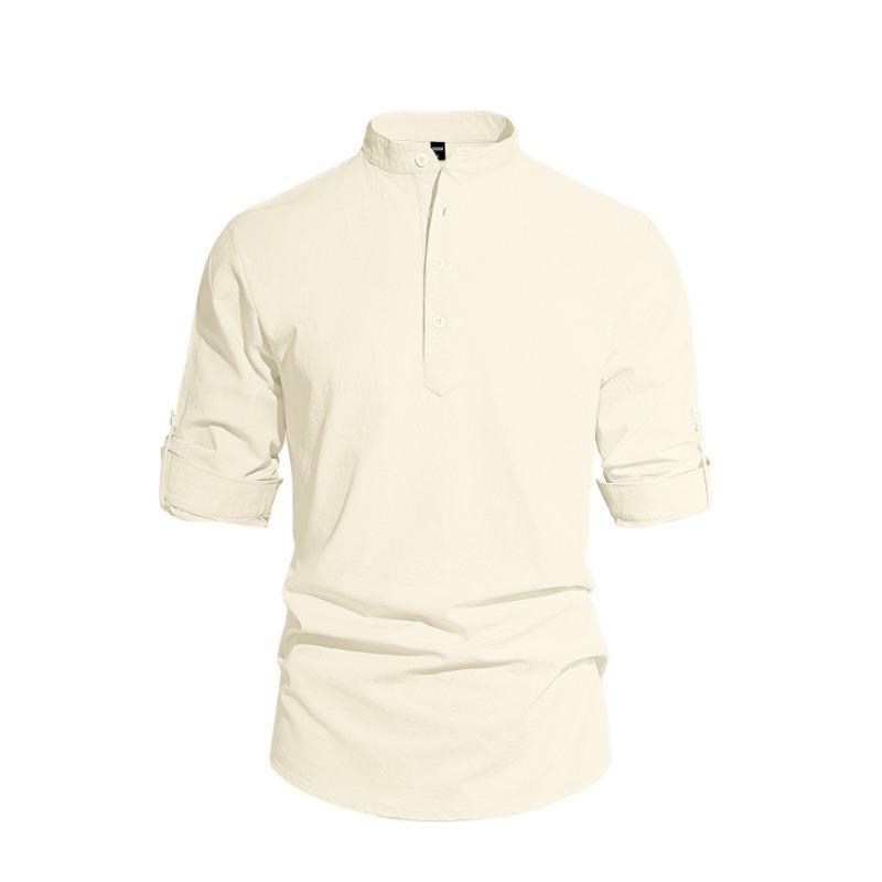 Spring New Men's Solid Color Stand Up Collar Long Sleeved Cotton and Linen Fashionable Casual Top