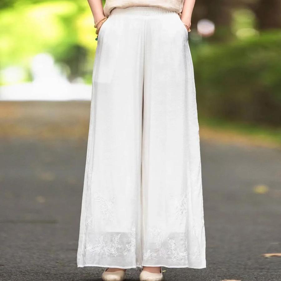 Summer New Cotton Linen Embroidery Double Layer Straight Leg Pants Casual Wide Leg Pants Plus Size Women's Fashion Loose Waist Literary Style Clothing