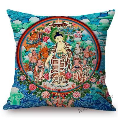 Colorful Blue Buddhism Artwork Bodhisattva Fortune God Sakyamuni Tangka Buddha Painting Sofa Pillow Case Linen Cushion Cover