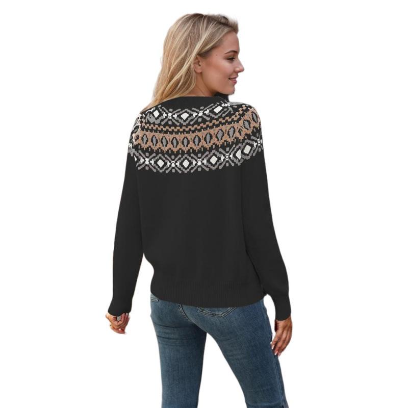 Ladies Autumn Winter Long Sleeve Round Collar Pullover Color Matching Warm Knitted Sweater Knitwear Top