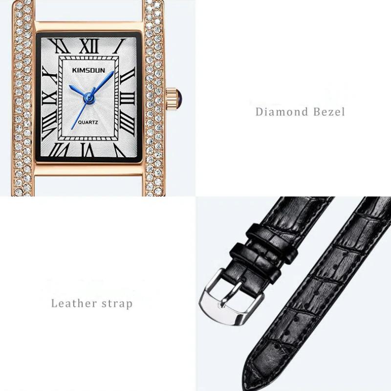 KIMSDUN Fashion Elegant Design Rectangle Dial Water Resistant Leather Quartz Movement Business Gift Women Analog Wrist Watch