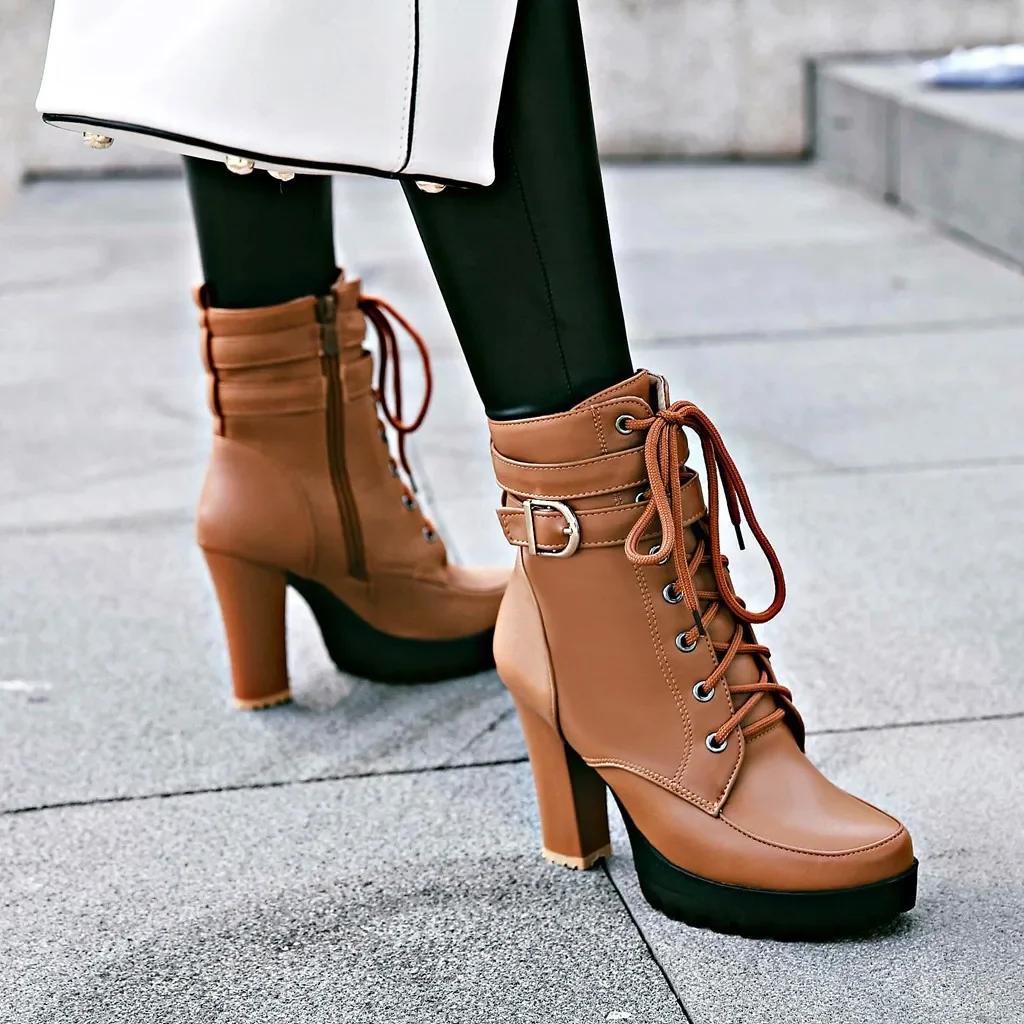 Fashion High Heels Women Ankle Boots Lace Up Fall Winter Platform Ladies Boots Large Size Fashion Shoes White Black Brown 2025