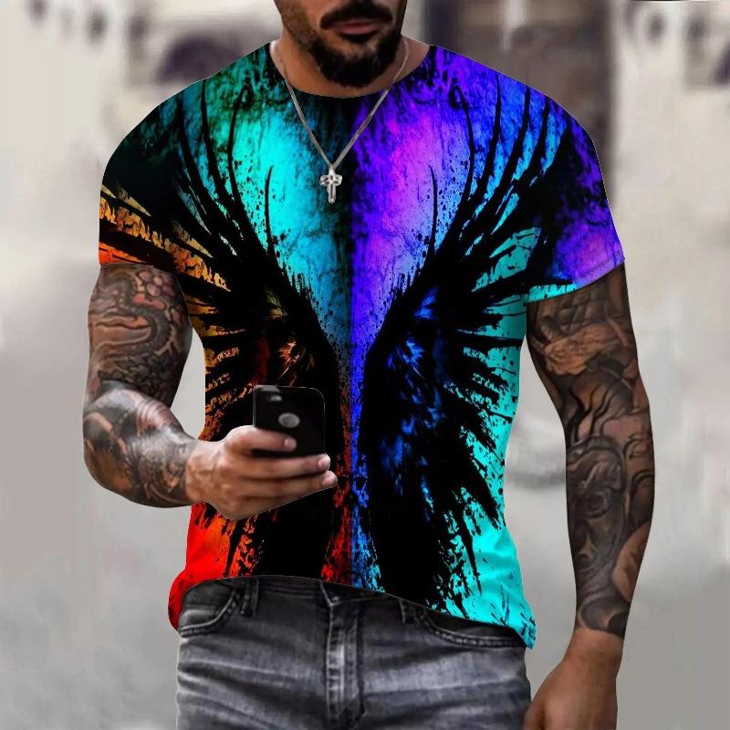 Summer Round Neck 3D Wing Pattern Print Top Fashionable Casual Short Sleeved Men's T-shirts