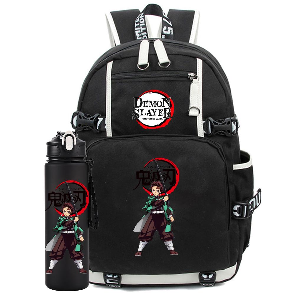 2Pcs/set Anime Demon Slayer Printed Backpack with 750Ml Water Bottler for Teenager Student Girl Boy Large Capacity Waterproof Bookbag Gift