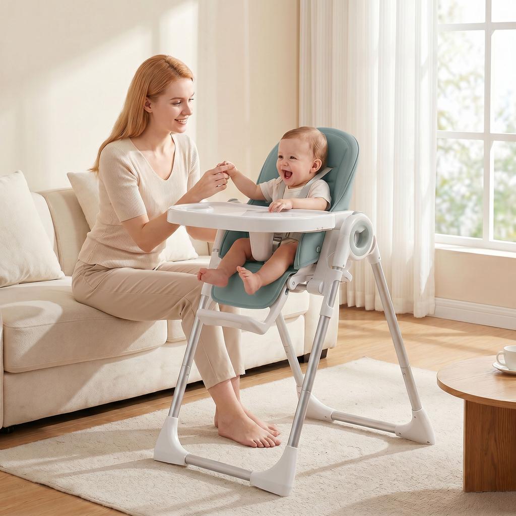 Folding High Chair, 6-36 Months, Adjustable Height, Double Washable Tray, Wheels, Green