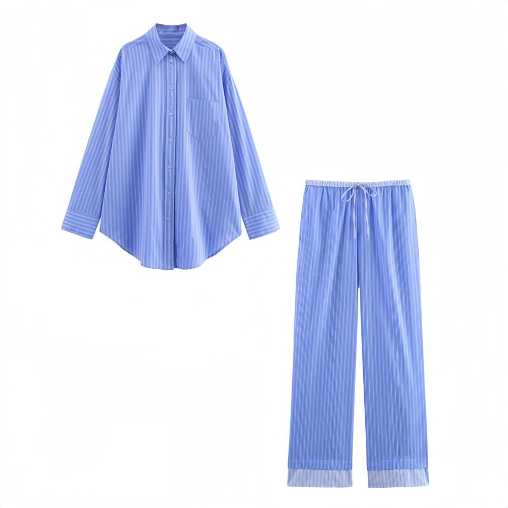 

2025 Spring/Summer Women s Casual Poplin Long-Sleeve Shirt & High-Waisted Pants Set Medium