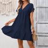 Women's Fashionable Color V-neck Short Sleeved Ruffled Holiday Loose Dress