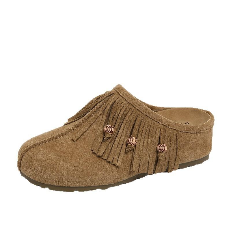 New Inner Height-increasing Women's Retro Bag Head Half Slippers Beaded Tassel Suede Versatile Fashion Shoes