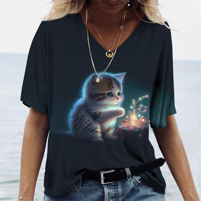 Summer Cat T-Shirts Kitten Animal 3D Print New Women's Casual Short Sleeve V-Neck T Shirt Y2K Tees Harajuku Tops Female Clothing