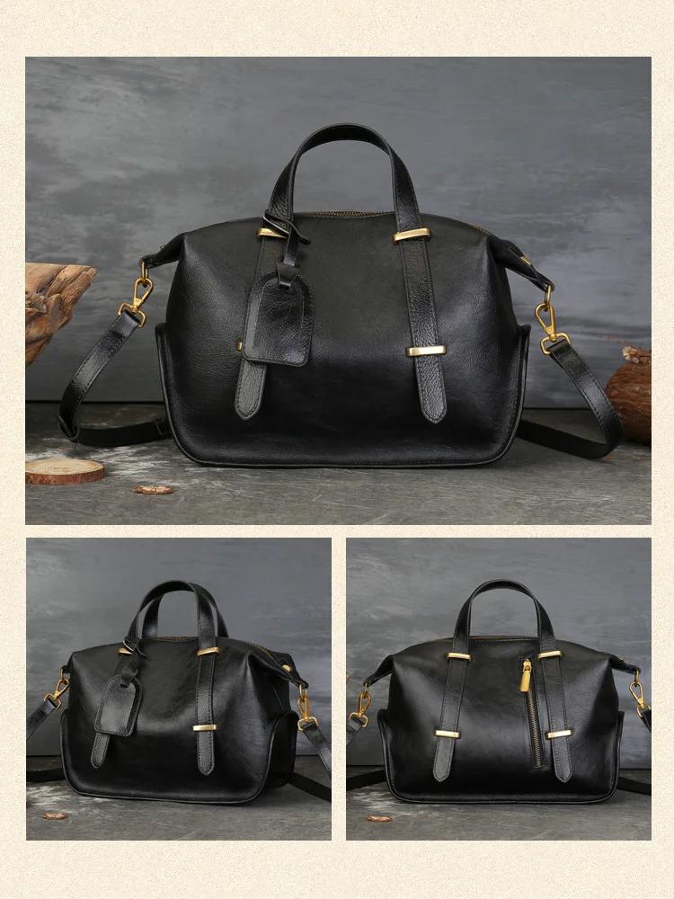 Johnature Vintage Einfarbig Echtleder Handtasche Große Kapazität Boston Damentasche Lässige Schultertaschen