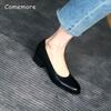 Fashion Comemore 2025 New Real Cow Leather Spring Round Toe Girl Black Work Pumps Shoes for Woman Zapatos Med Square High Heels Women 43