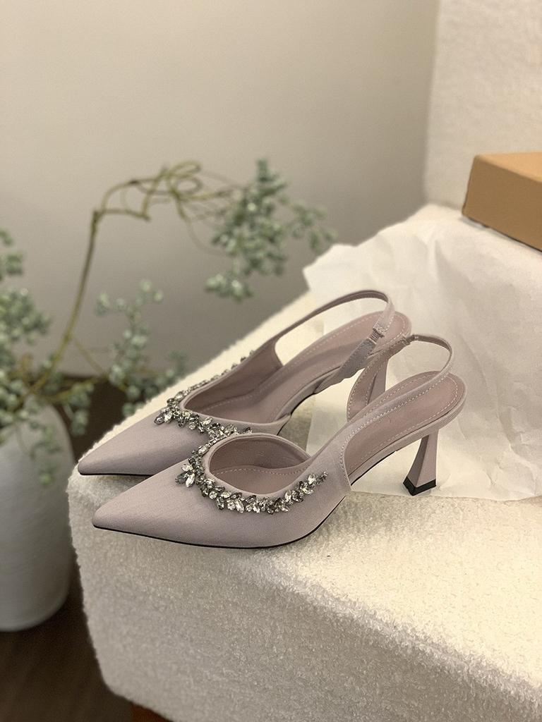 Niche Pointed High Heels Black Rhinestone Bag Head Sandals Fairy Shoes Temperament Single Shoes
