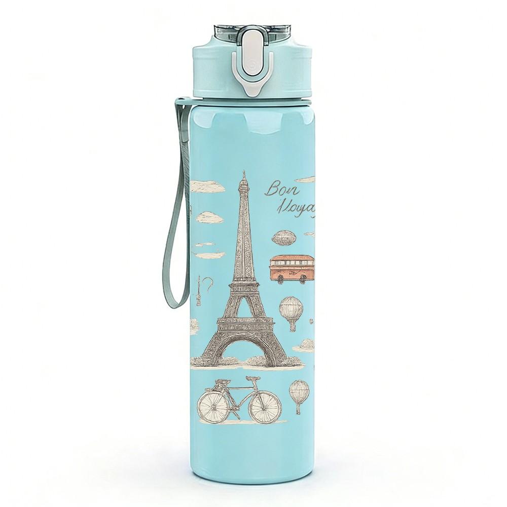 1PC Paris European Building Sticker Collage 750ml Color Plastic Sports Water Bottle Leakproof Flip Straw Lid Suitable for Sports Office Home Use