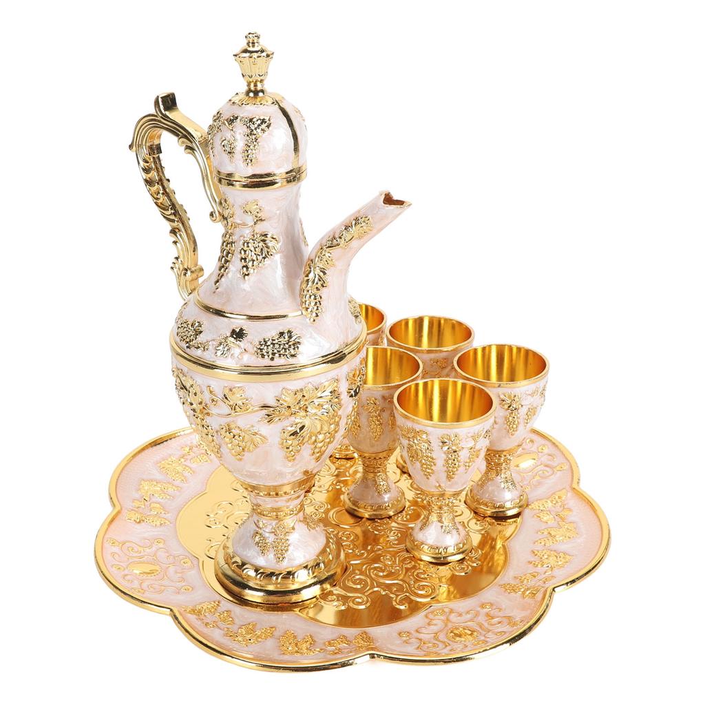 Turkish Coffee Pot Cup Set Vintage Exquisite Elegant Metal Tea Pot Set with 6 Cups for Tea Table Decor Wedding Present Gold White