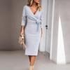 Women's V Neck Casual Knitted Dress Long Sleeve Lace Up Solid Color Winter Autumn Strap