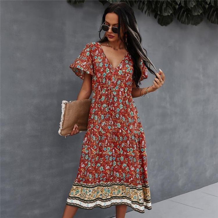 Boho Print Damenkleid V-Ausschnitt Kurzarm Hohe Taille Frühling Sommer S-XL
