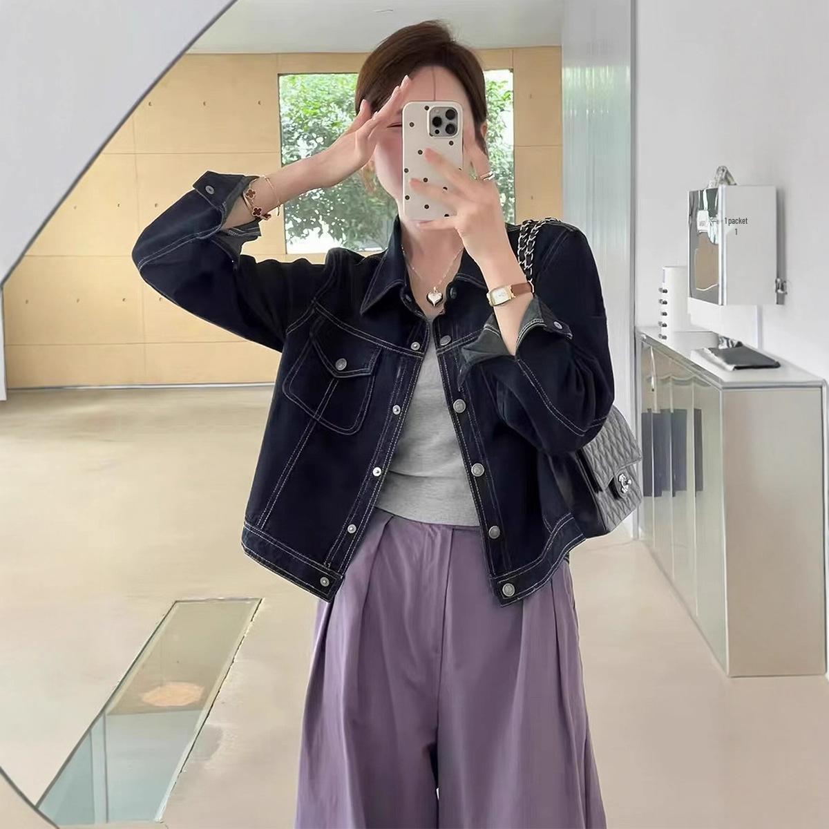 

Женская джинсовая куртка в корейском стиле ретро 2025 – Весенняя коллекция, Универсальный короткий дизайн, Топ с длинным рукавом Small темно-синий