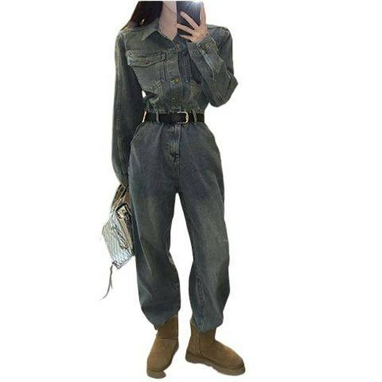 Women's Spring 2026 Hong Kong Retro Denim Jumpsuit - Casual Workwear Style