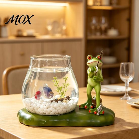 Artistic Resin Craft Frog Fishing Glass Fish Tank Ornament with Lotus Leaf Base, Hydroponic Charming Window Sill Decor Plant Propagation Station
