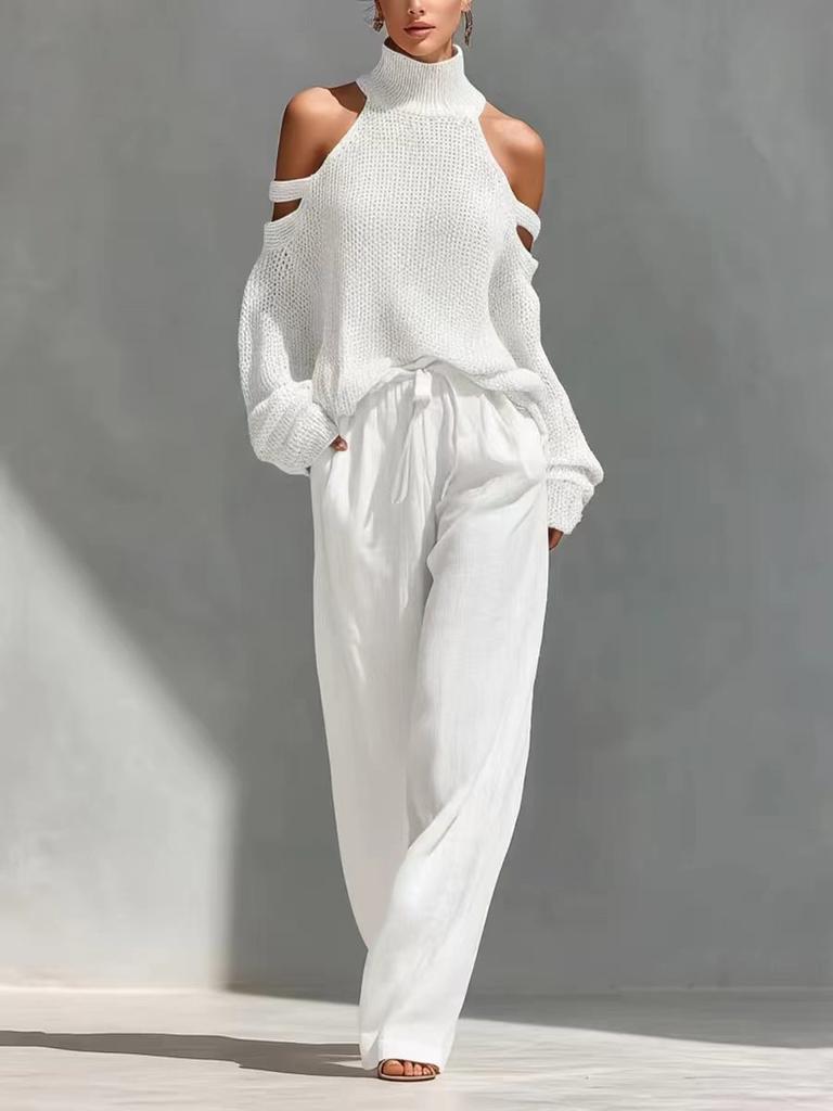 Off-Shoulder High Neck Knit Sweater and Wide Leg Pants Set In Beige
