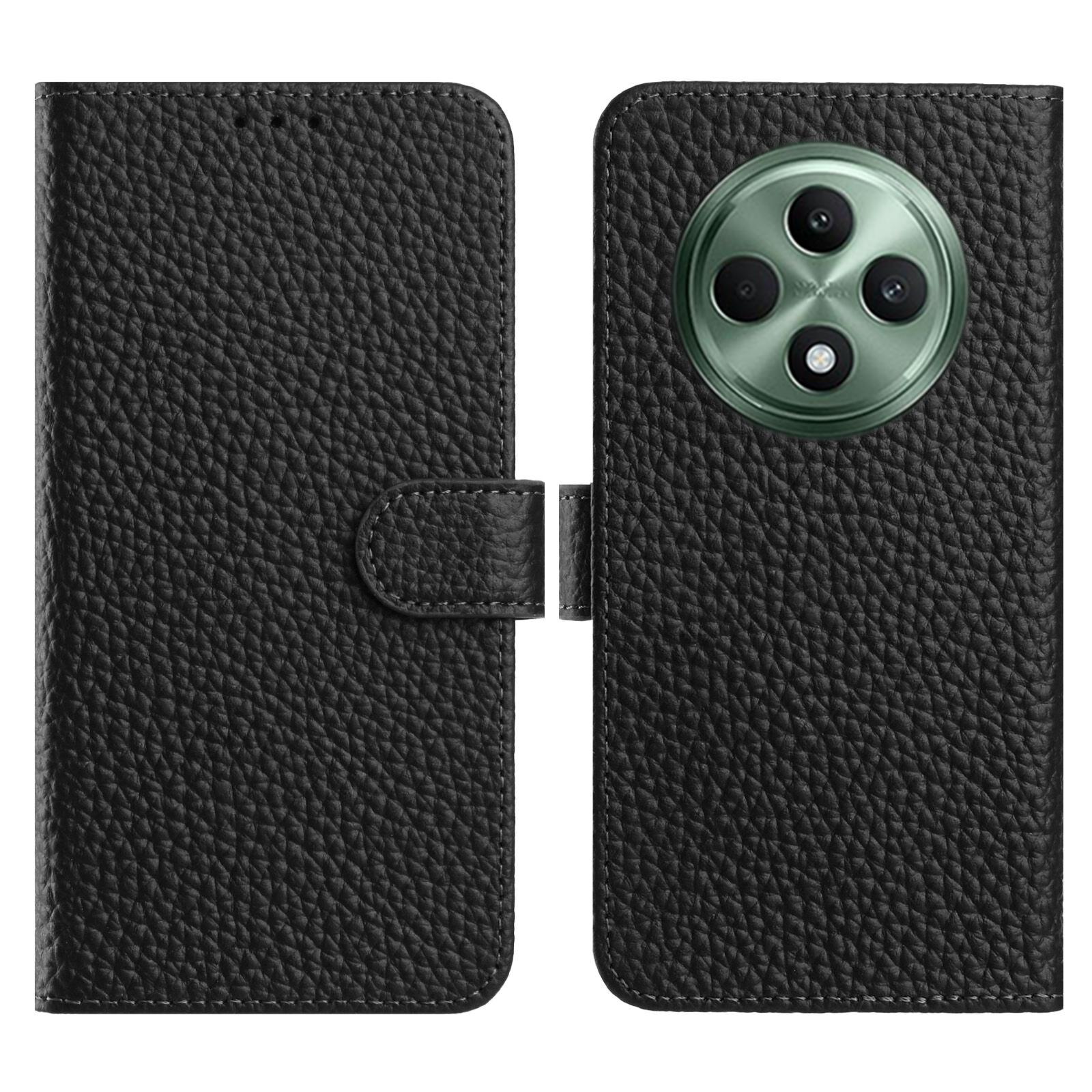 

For Oppo Reno12 F 5G Case Wallet Stand Litchi Texture Genuine Cow Leather Flip Phone Cover Black