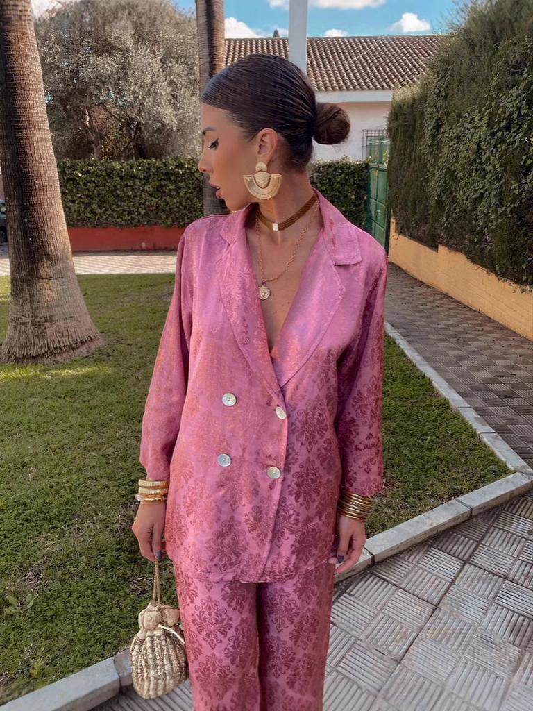 Spring V-Neck Long Sleeve High Waist Loose Wide Leg Pants Two Piece Set Fashion Suit Jacket