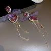 Crystal Heart Earrings for Women Purple Bow Pendant Drop Earring Temperament Rhinestone Tassel Zircon Female Wedding Gift