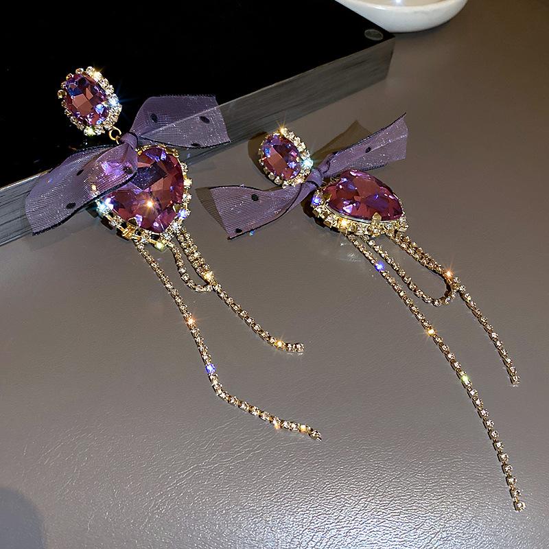 Crystal Heart Earrings for Women Purple Bow Pendant Drop Earring Temperament Rhinestone Tassel Zircon Female Wedding Gift