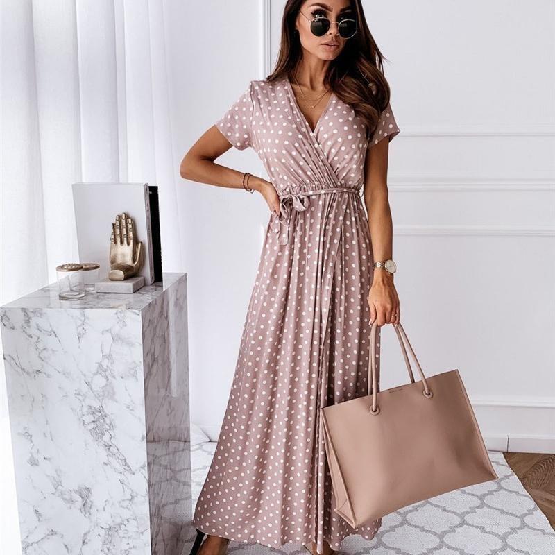 Short-sleeved V-neck Summer Fashion Sexy Casual Long Skirt Bohemian Polka-dot Print Dress EMA