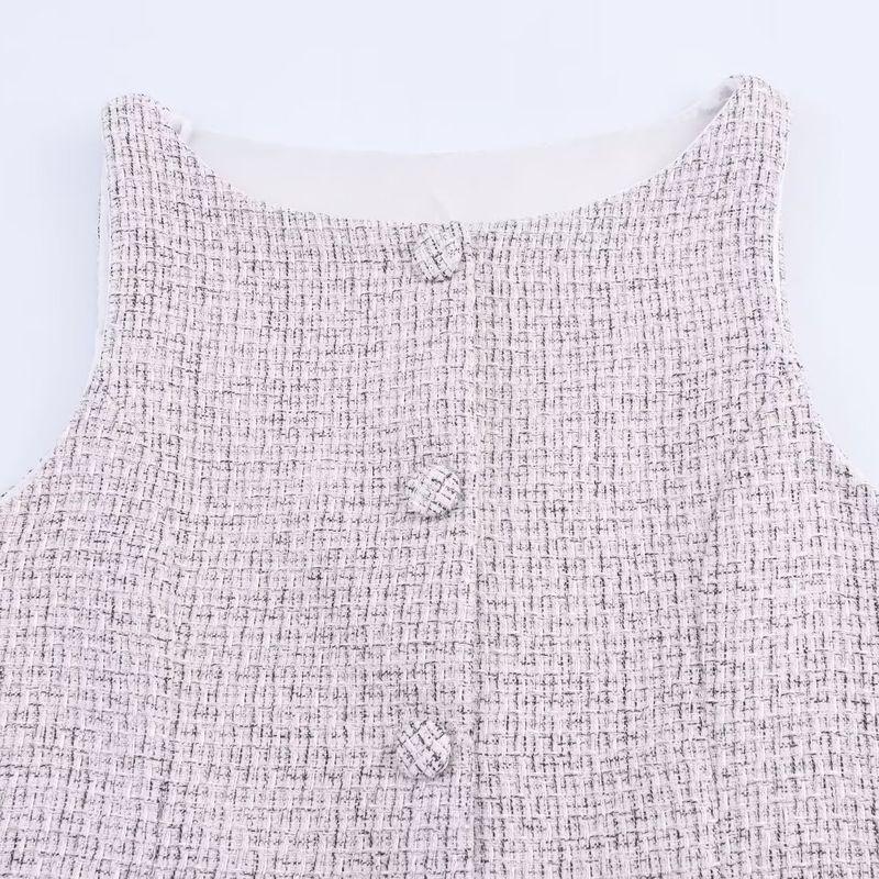 Kaslead New Women clothes Western Style Fashion Tweed Sleeveless Vest Half-Length Short dress Set