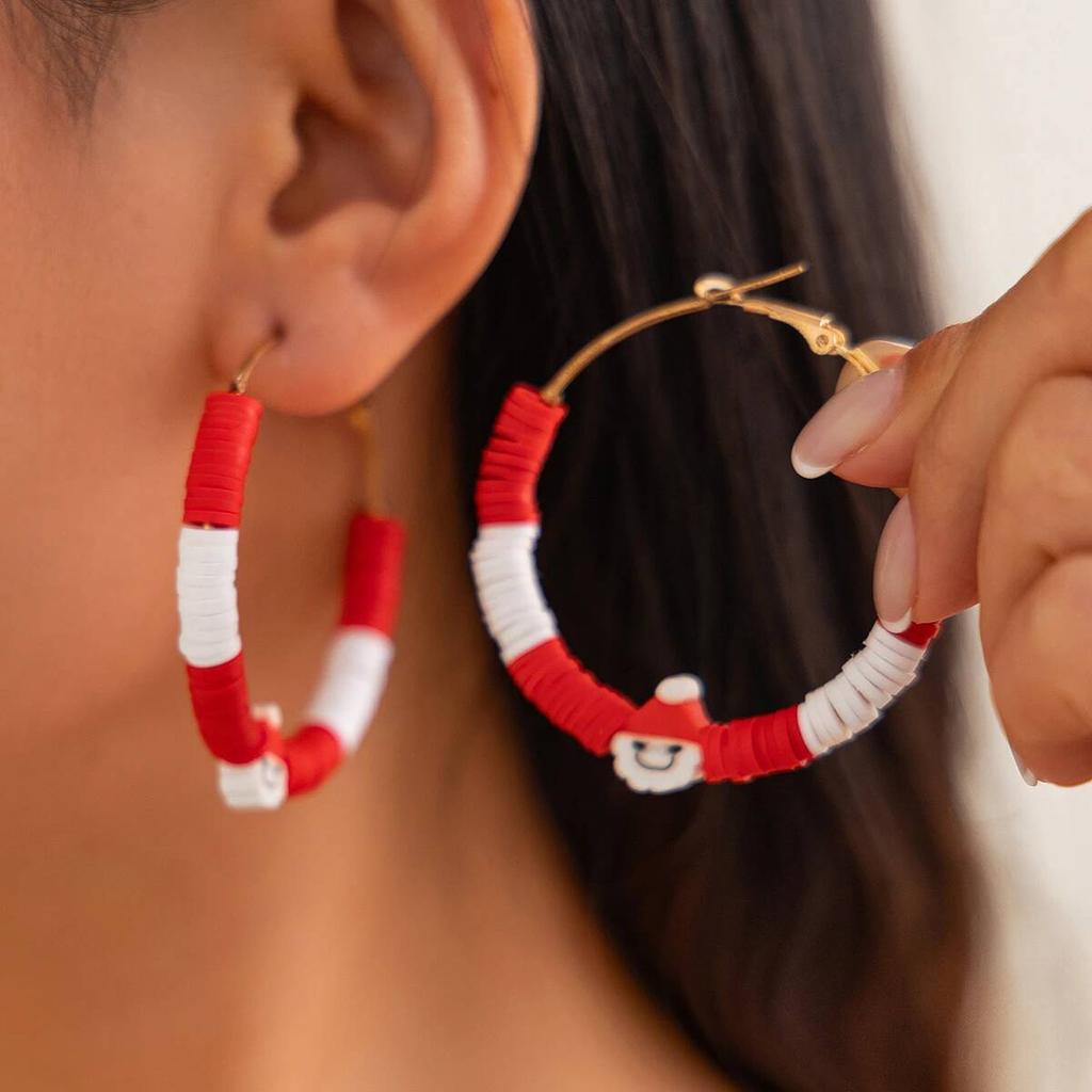 Salircon 10 Styles Romantic Cute Colorful Soft Pottery Hoop Earring Women Fashion Christmas Tree Snowman Series Ear Jewelry Gift