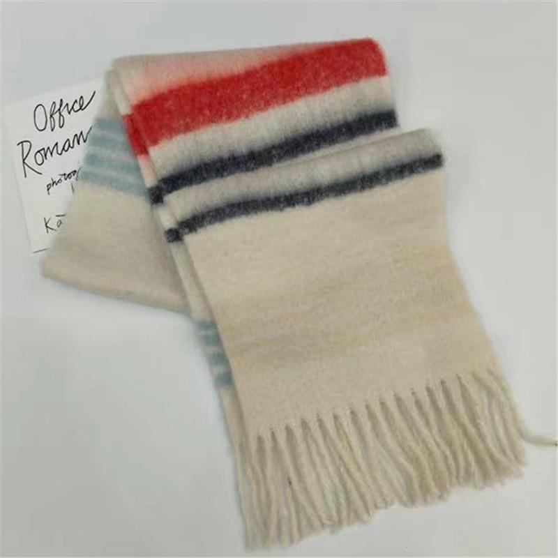 Korean Style Striped Retro Scarf for Women Embroidered Color Matching  Thickened and Warm in Winter  Simple Mohair Premium Scarf