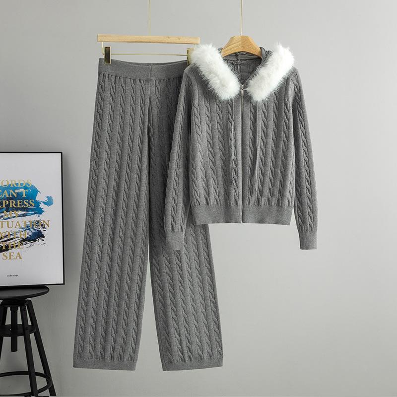 

2026 Women s Fashion Furry Hooded Knit Cardigan & High-Waisted Wide-Leg Sweater Set - Spring/Autumn Collection One Size сірий колір