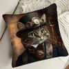 2D Flat- Vintage Steampunk Cat Throw Pillow Cover Victorian Gentleman Cat Decorative Pillow Case For Home Sofa Bedroom