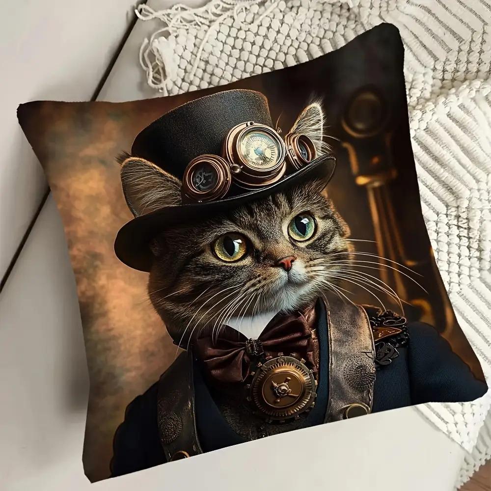 2D Flat- Vintage Steampunk Cat Throw Pillow Cover Victorian Gentleman Cat Decorative Pillow Case For Home Sofa Bedroom