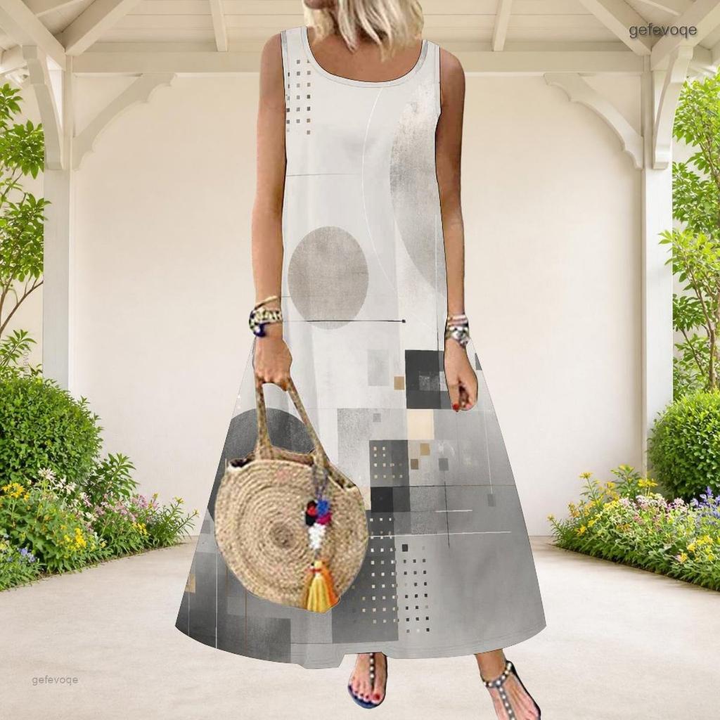 Women Plus Size Grey Black White Printed Scoop Neck Sleeveless A Line Maxi Dress