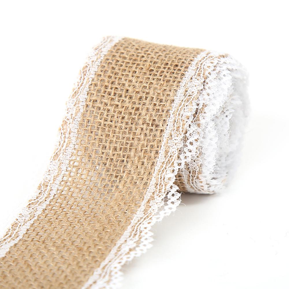 Jute Cloth Roll with White Lace Craft for Home Decoration Packaging 2M/Roll