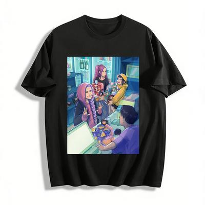Anime Style Convenience Store Night Hangout Print T-Shirt Unisex Streetwear Casual Loose Cotton Top Pure Cotton T-shirt