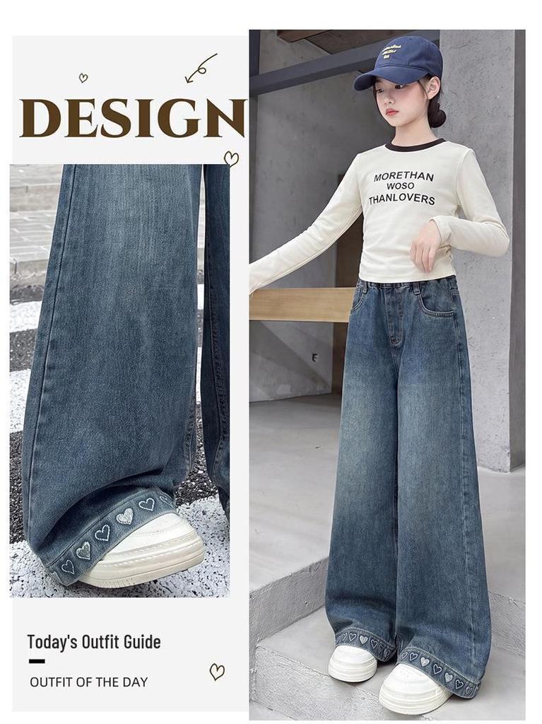 Autumn 2026 Girls' Wide Leg Jeans - Embroidered Hem, Versatile Straight Fit for Medium & Large Children