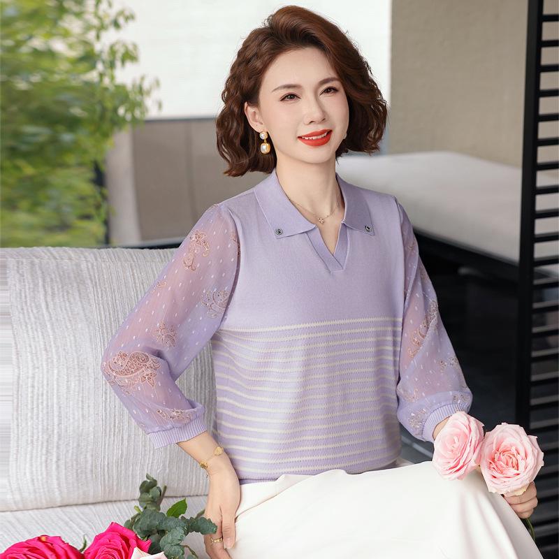 Spring Arrival: Loose Lapel Knit Top for Middle-Aged & Elderly Women – Lightweight, Stylish T-Shirt for Spring/Summer
