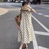 Sweet Age-reducing Contrasting Color Polka Dot Bubble Sleeve Dress Women's Summer New Thin Sweet Casual Medium and Long Dress