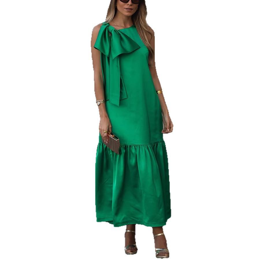 Women's Sleeveless Green Maxi Dress with Asymmetric Bow Tie Detail and Flared Hem