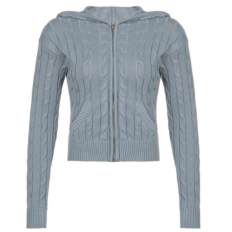 Autumn and Winter Warm Hooded Zip Cardigan Pockets Solid Colour Jacket Short Temperament Top for Women