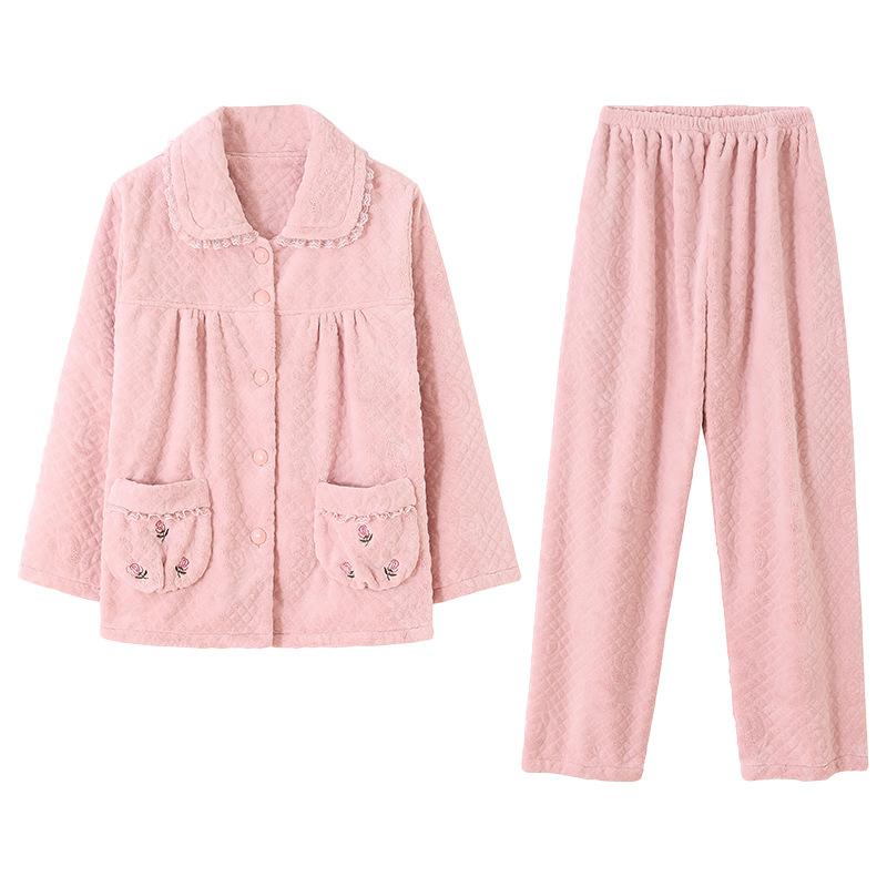 Coral Fleece Pajamas Women'S Winter Thickened Fleece Large Size Middle-Aged And Elderly Mothers Autumn And Winter Flannel Loungewear Set