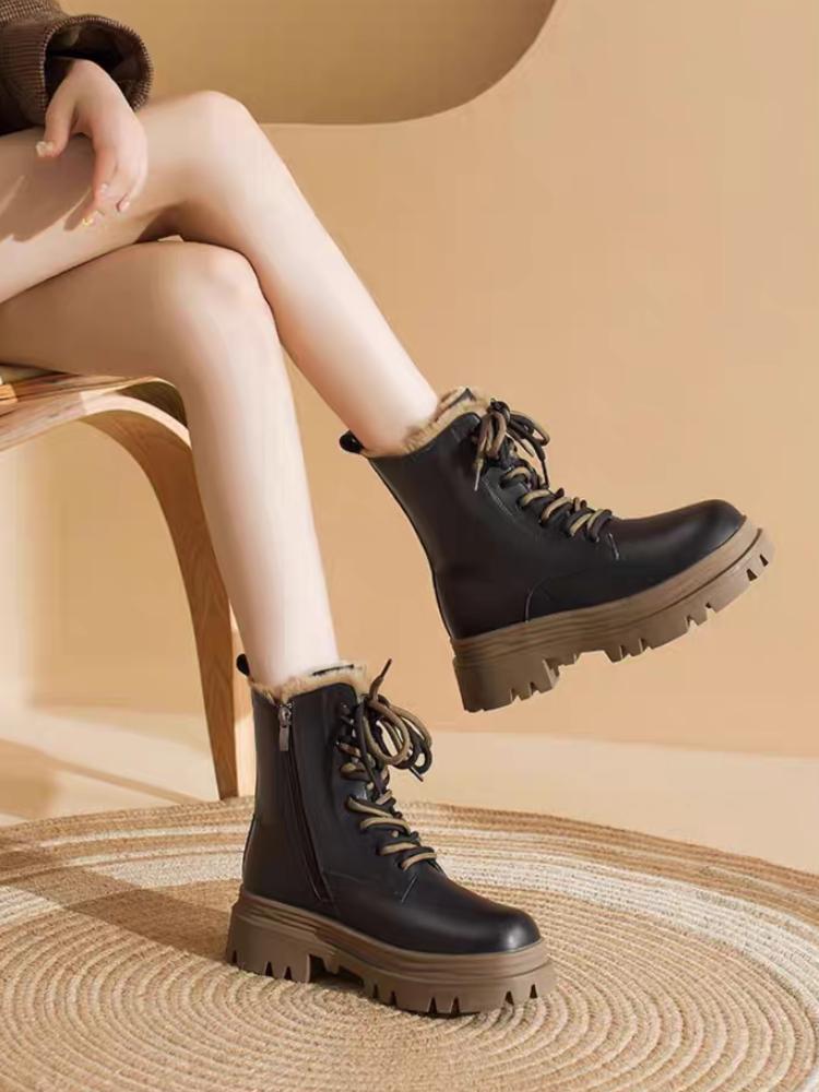 Bottes de Neige à Plateforme à Lacets à Bout Rond pour Femmes, Confortables et Élégantes, Tendance Y2k 2025, Travail en Offre, Chaussures Chaudes Rembourrées pour Dames