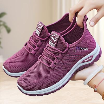 Shoes Female Couple Large Size Lace-up Sneakers Soft-soled Women's Shoes Fly-woven Breathable Casual Shoes Shallow Mouth Thick-soled Single Shoes