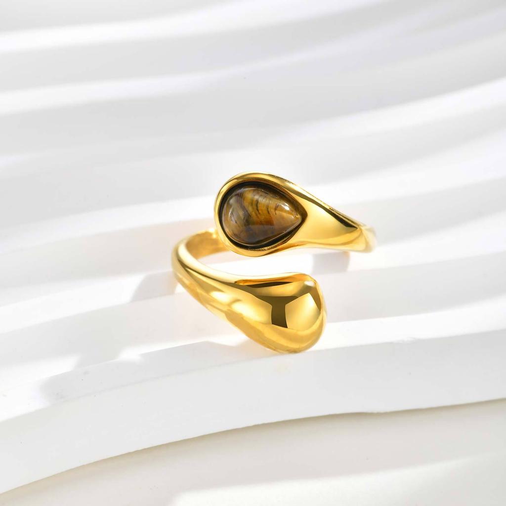 18K Gold Plated Brown Tiger Eye Natural Stone Water Drop Statement Open Ring,Vintage Boho Jewelry for Women