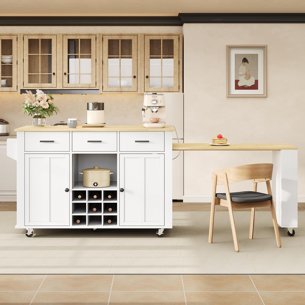 Kitchen island with pull-out worktop, 136(223)x50x93cm mobile kitchen island with 3 drawers, wine rack, socket with USB and 7 casters, white/oak